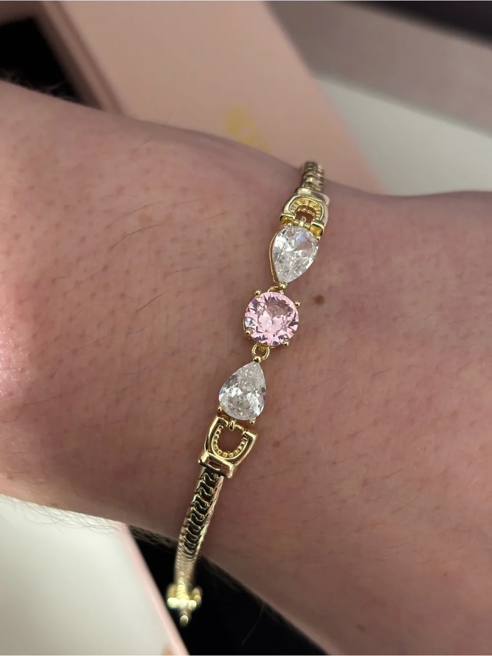 Gold Bracelet with Pink and Clear Gemstones - Women Jewelry